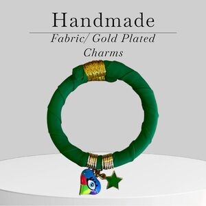 Green Fabric Bracelet with Gold Plated Charms
